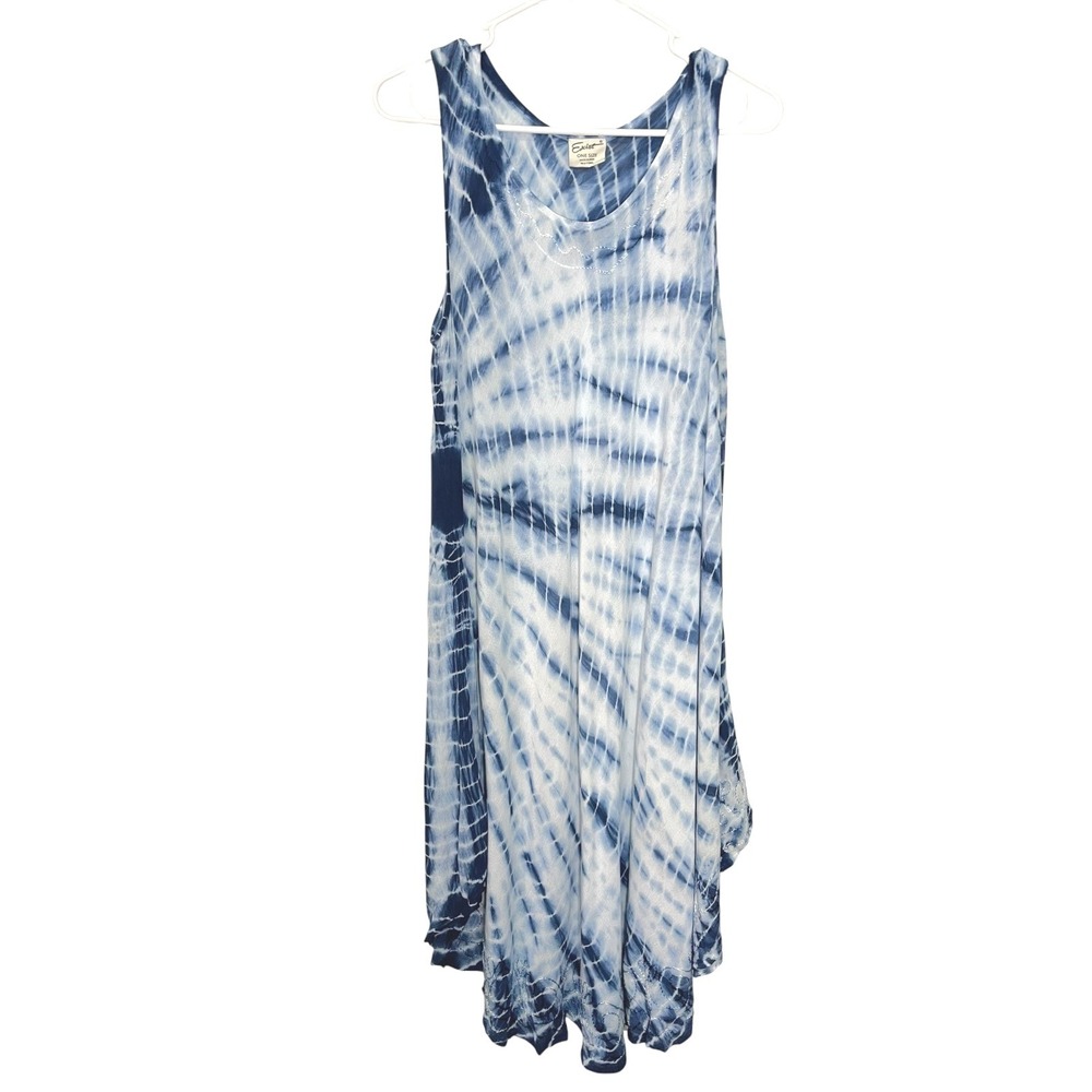 Exist One Size Blue Tie Dye Sharkbite Dress Embroidered Sleeveless Boho Hippie